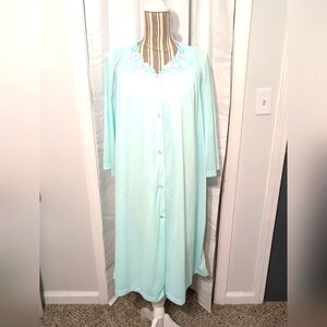 Vintage Shadowline Nylon Peignoir Set Robe/Gown In‎ Aqua Blue Embroidery Large